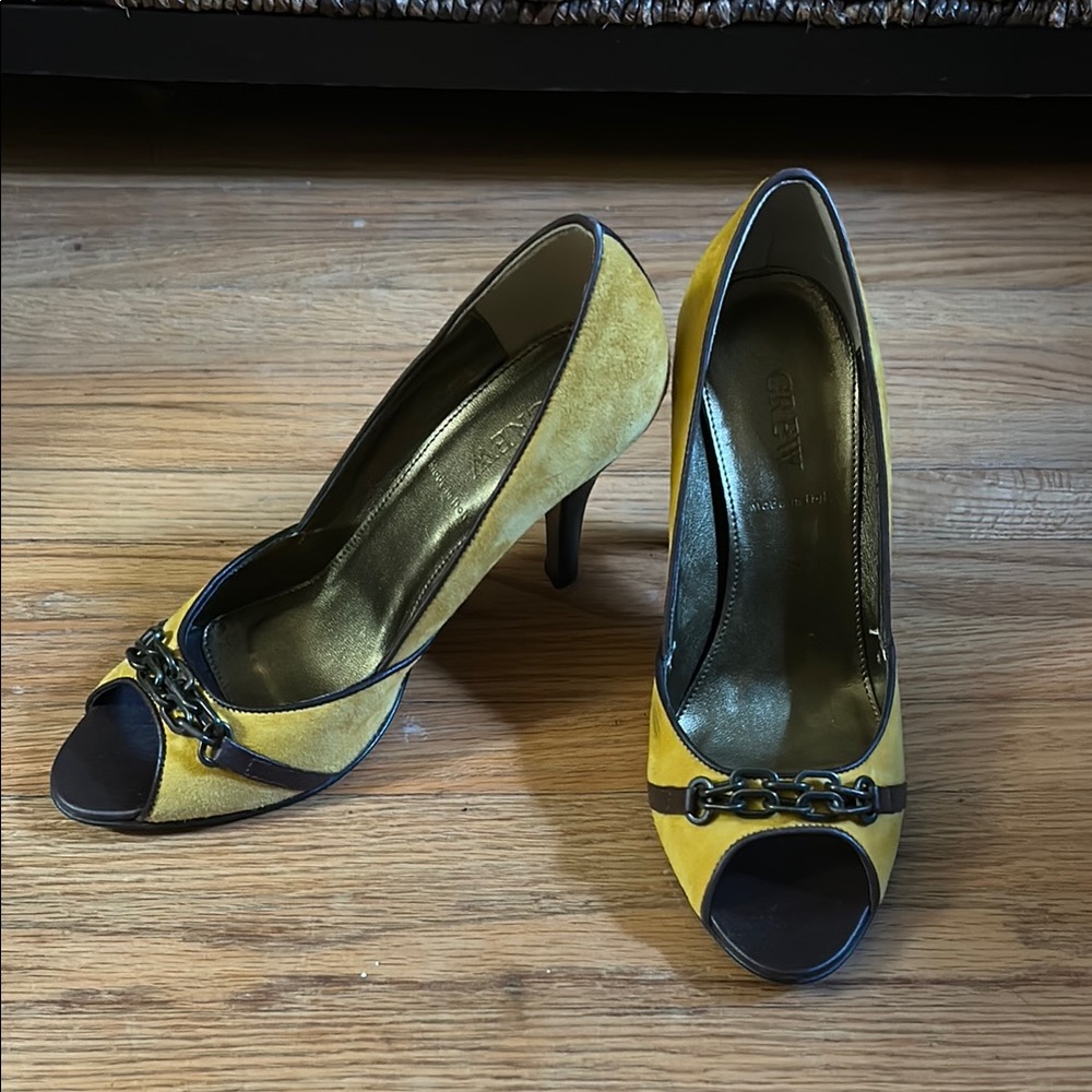 J. Crew Mustard and Black Chain Peep-Toe Heels